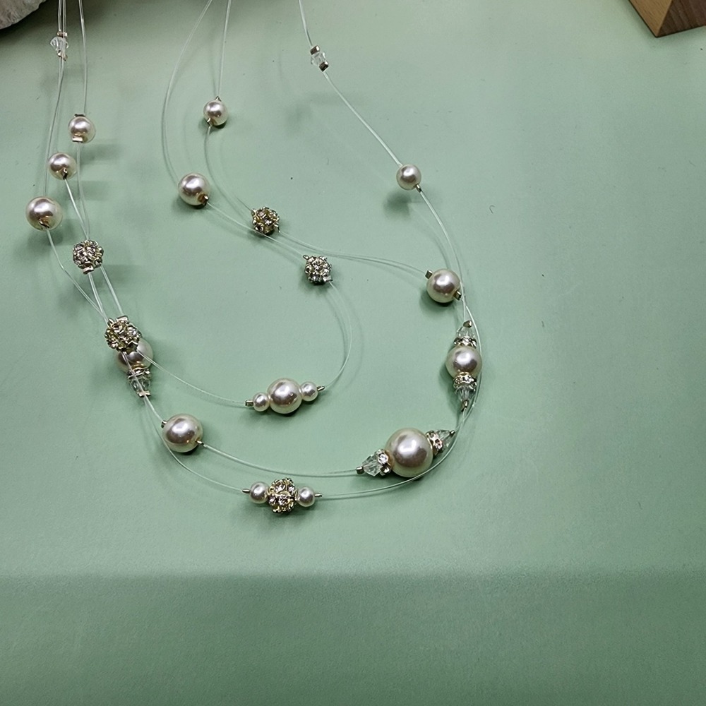 Faux Pearl Rhinestone Multi Strand Illusion Necklace Clear Bead Bridal Glam